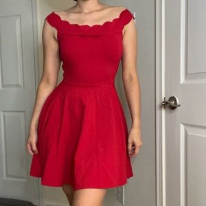 Retro Red Dress with Scalloped Off-the-Shoulder Sleeves